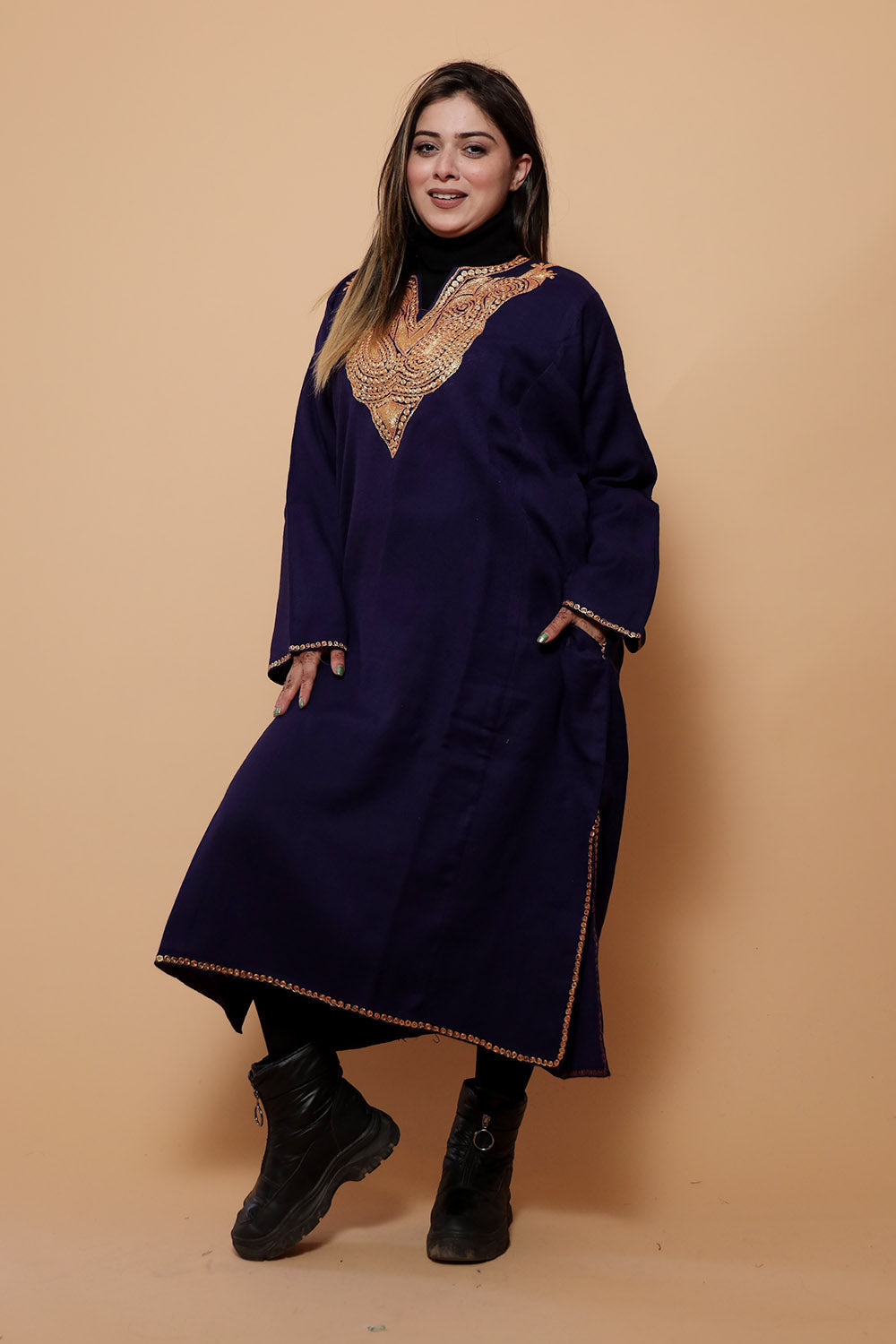Navy Blue Color Kashmiri Work Embroidered Phiran Enriched