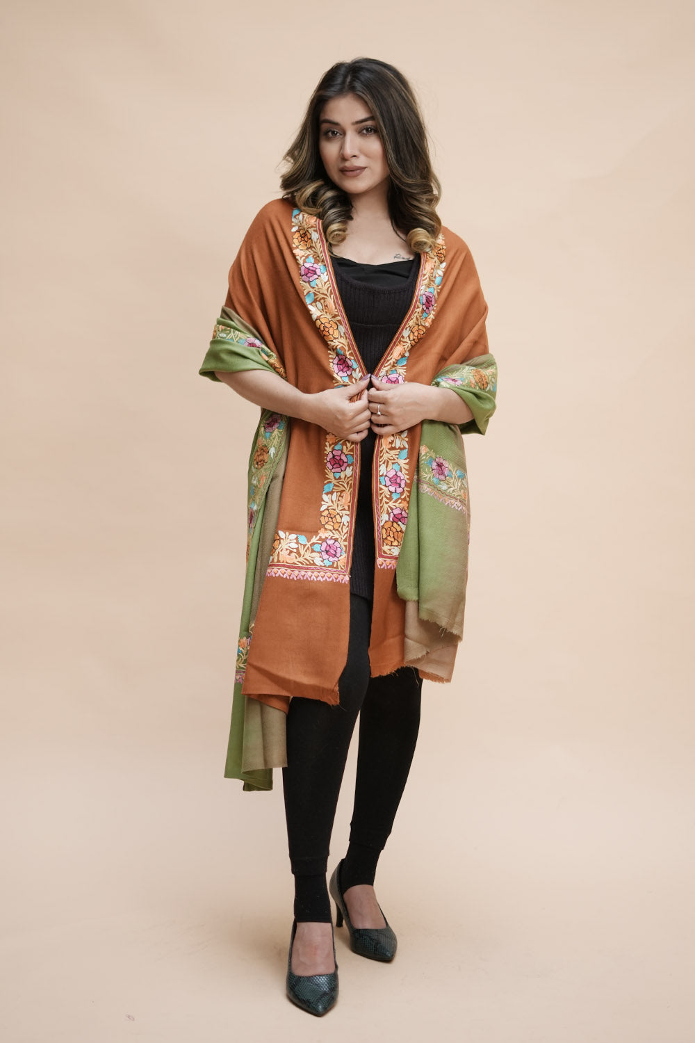 Ocher Ombre Color Kashmiri Shawl With Aari Border Gives