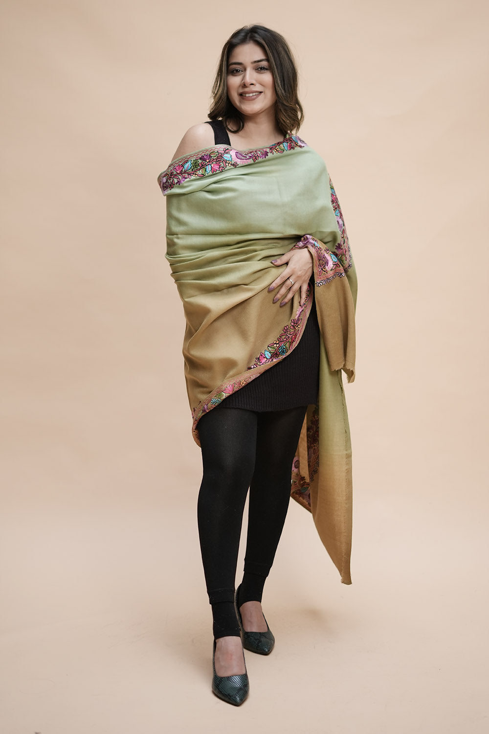 Ombre Color Kashmiri Shawl With Aari Border Gives A Trendy