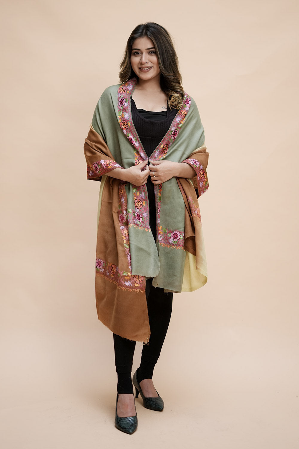 Ombre Color Kashmiri Shawl With Aari Border Gives A Trendy