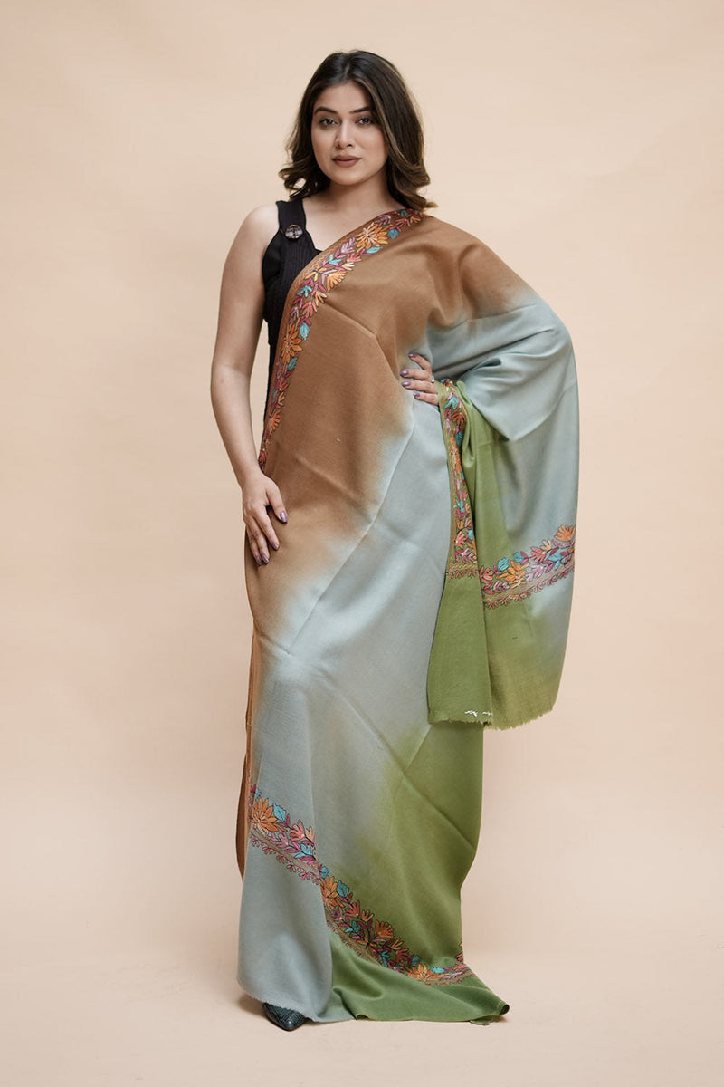 Ombre color kashmiri shawl with aari border gives a trendy look