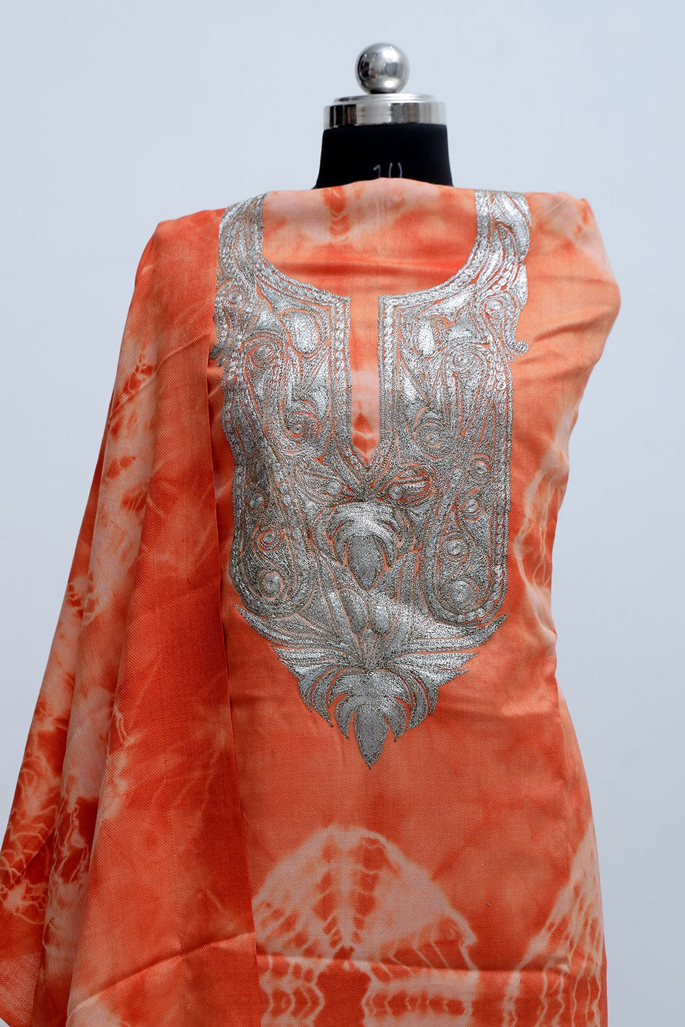 Orange Color Tye And Dye Semi Pashmina Suit Having Tilla