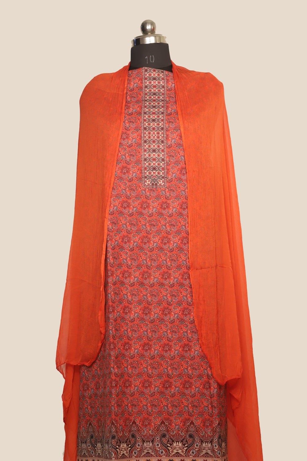 Orange Colour Cotton Kani Printer Unstitched Suit Fabric