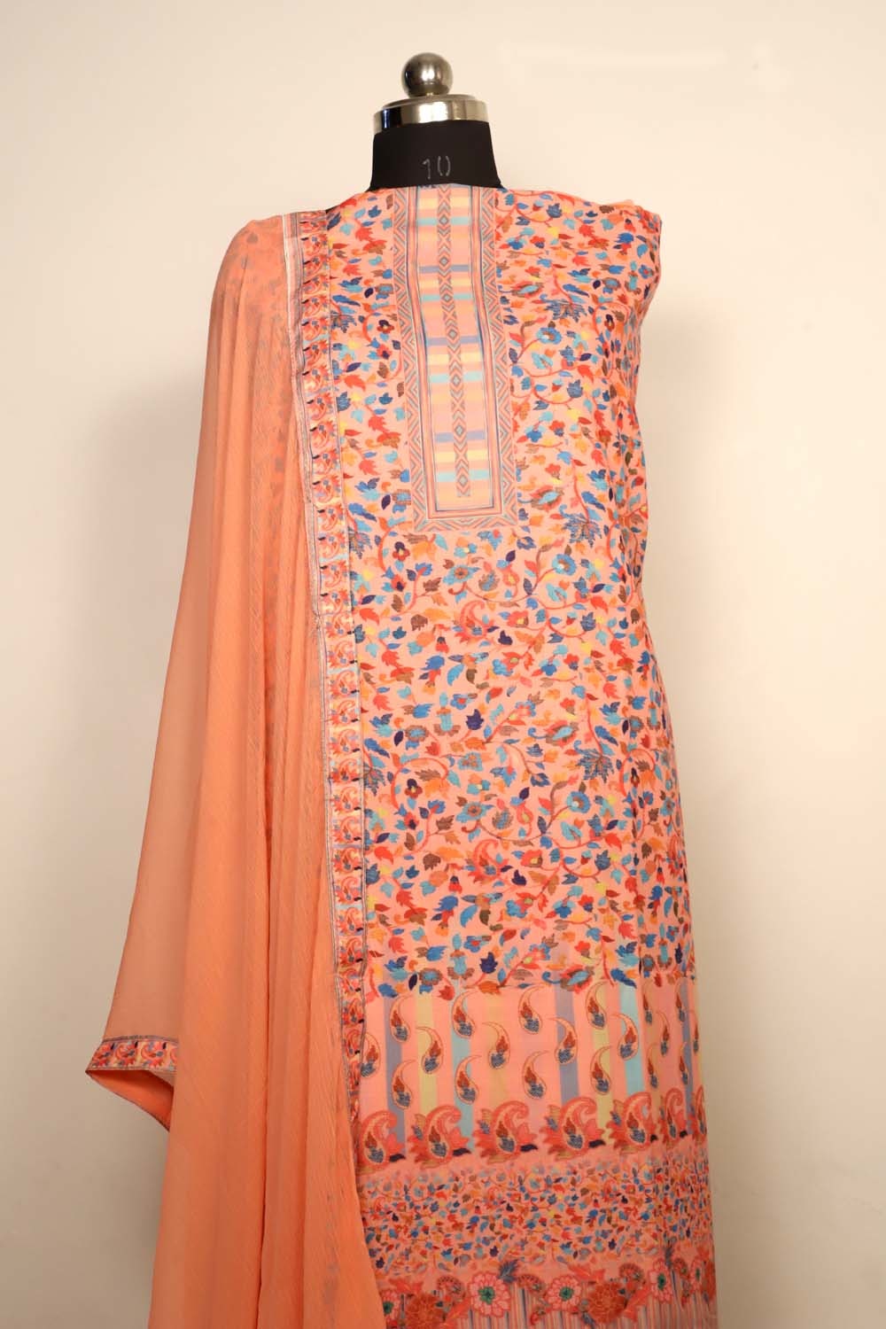 Peach Colour Cotton Kani Printer Unstitched Suit Fabric