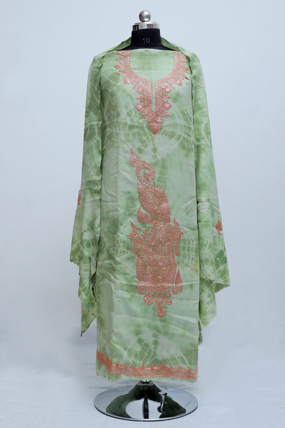 Pista Green Color Tye And Dye Semi Pashmina Suit Having
