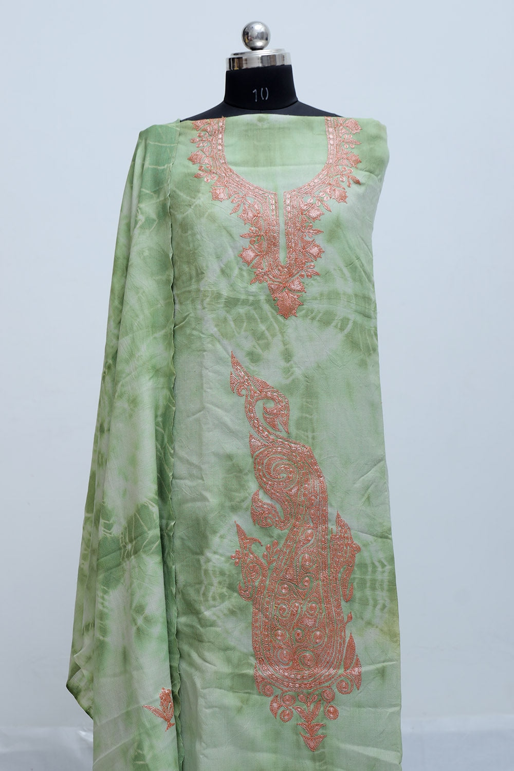 Pista Green Color Tye And Dye Semi Pashmina Suit Having