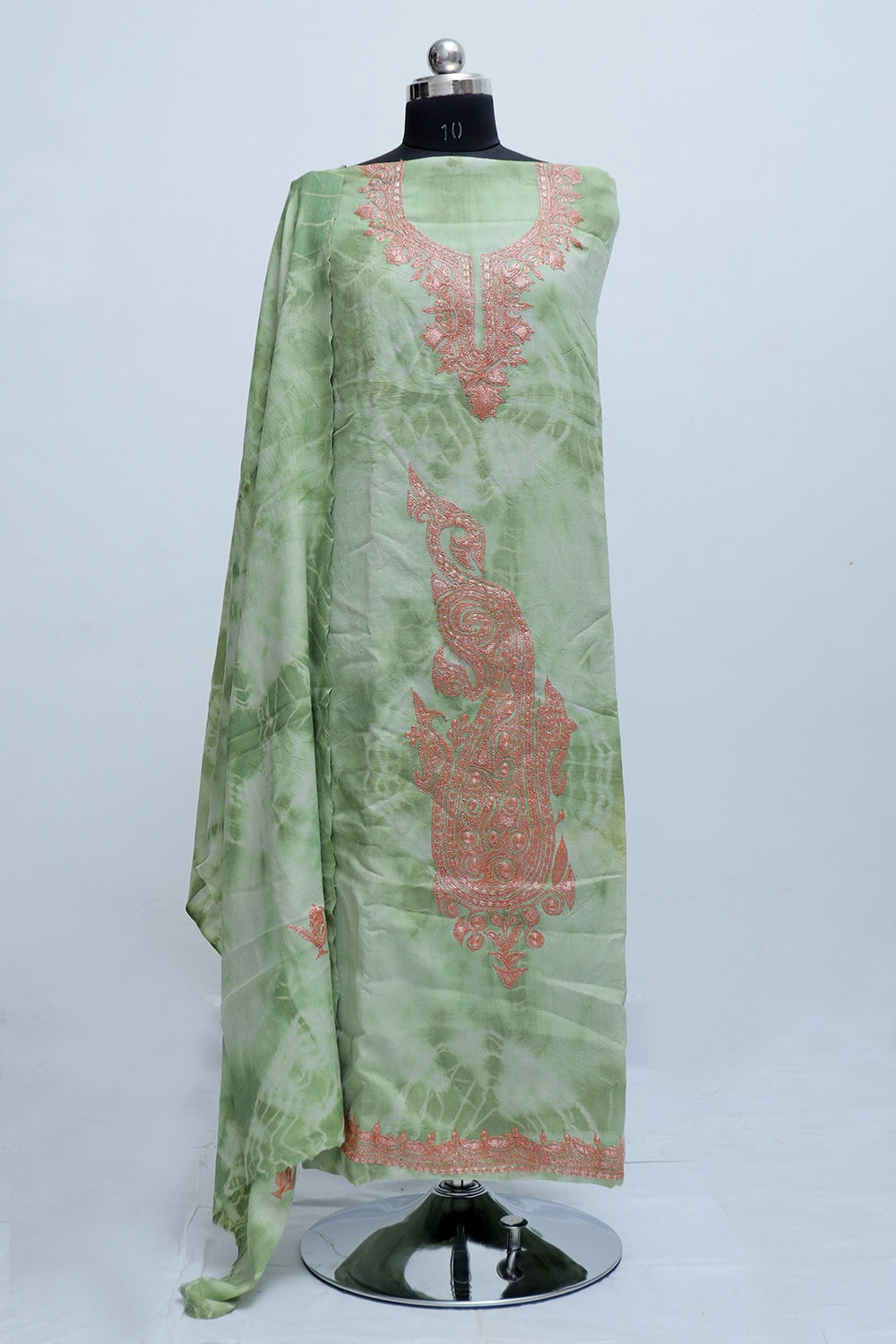 Pista Green Color Tye And Dye Semi Pashmina Suit Having