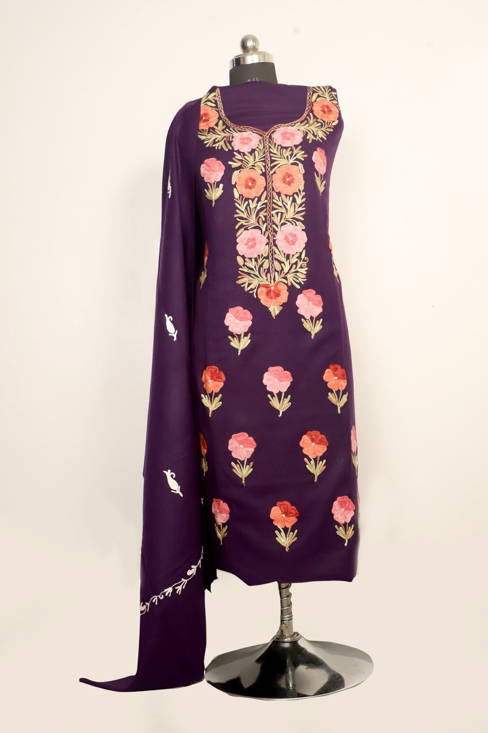 Purple Color Kashmiri Woolen Aari Work Embroidered