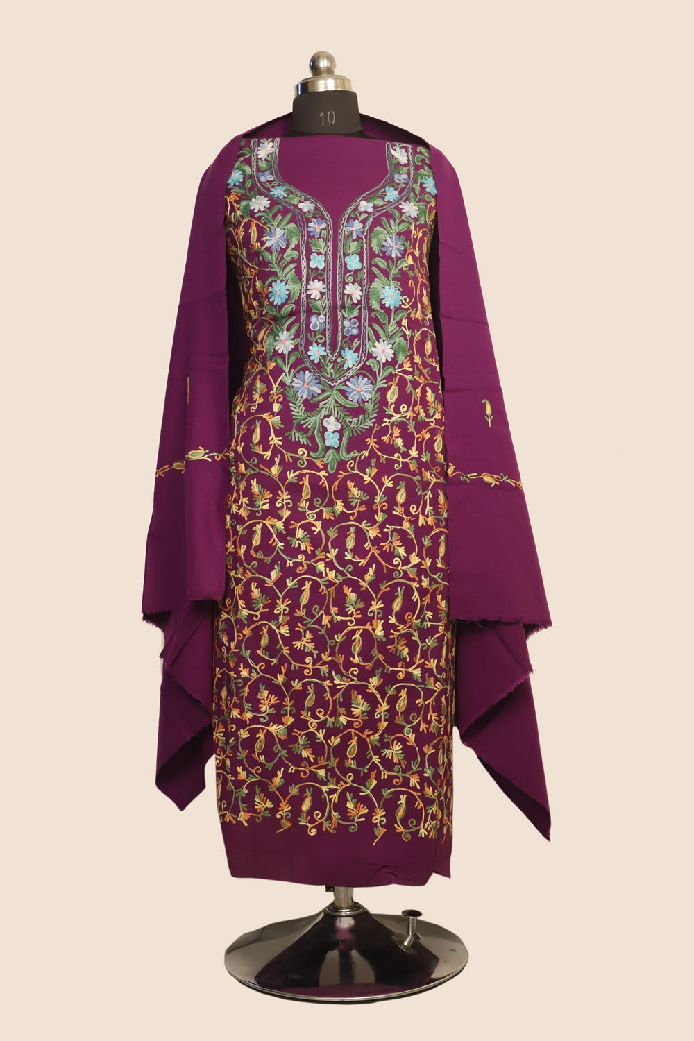 Purple Color Kashmiri Woolen Aari Work Embroidered