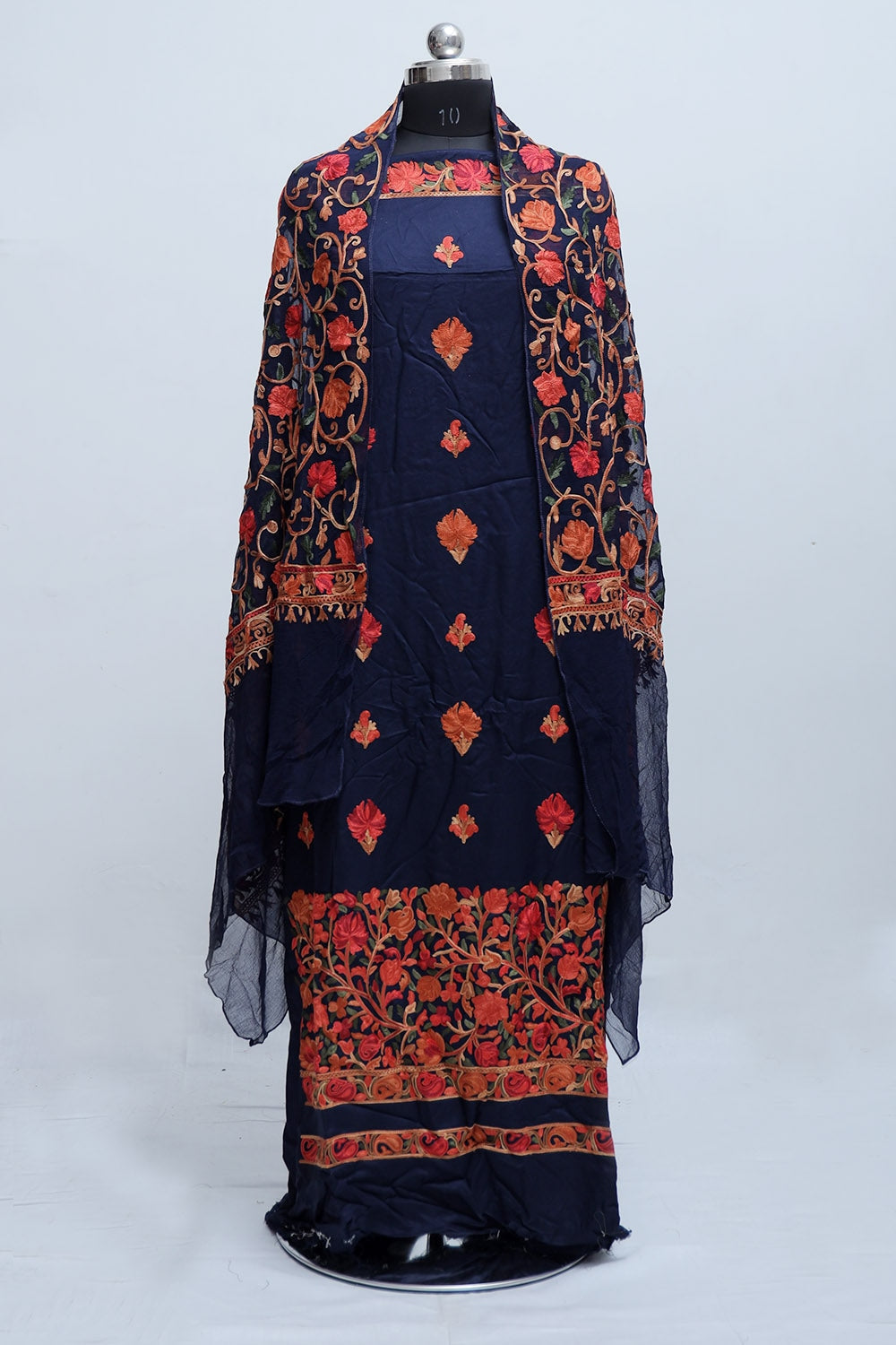 Royal Blue Color Rayon Cotton Kashmiri Aari Work Unstitched