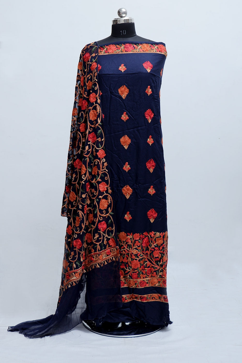 Royal Blue Color Rayon Cotton Kashmiri Aari Work Unstitched