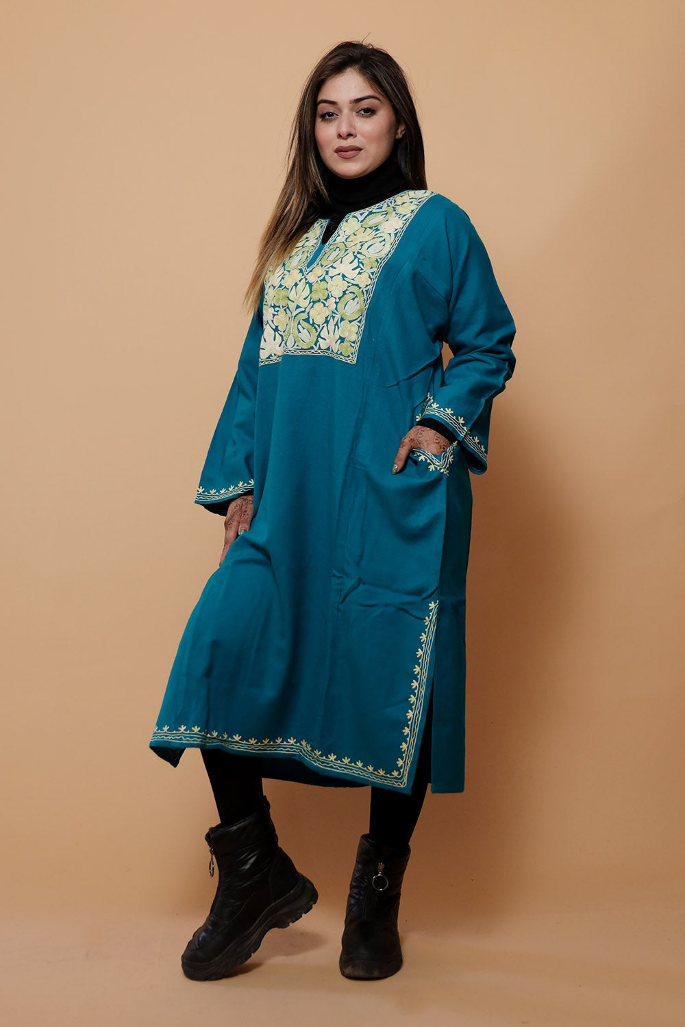 Sea Green Color Aari Work Embroidered Phiran Enriched