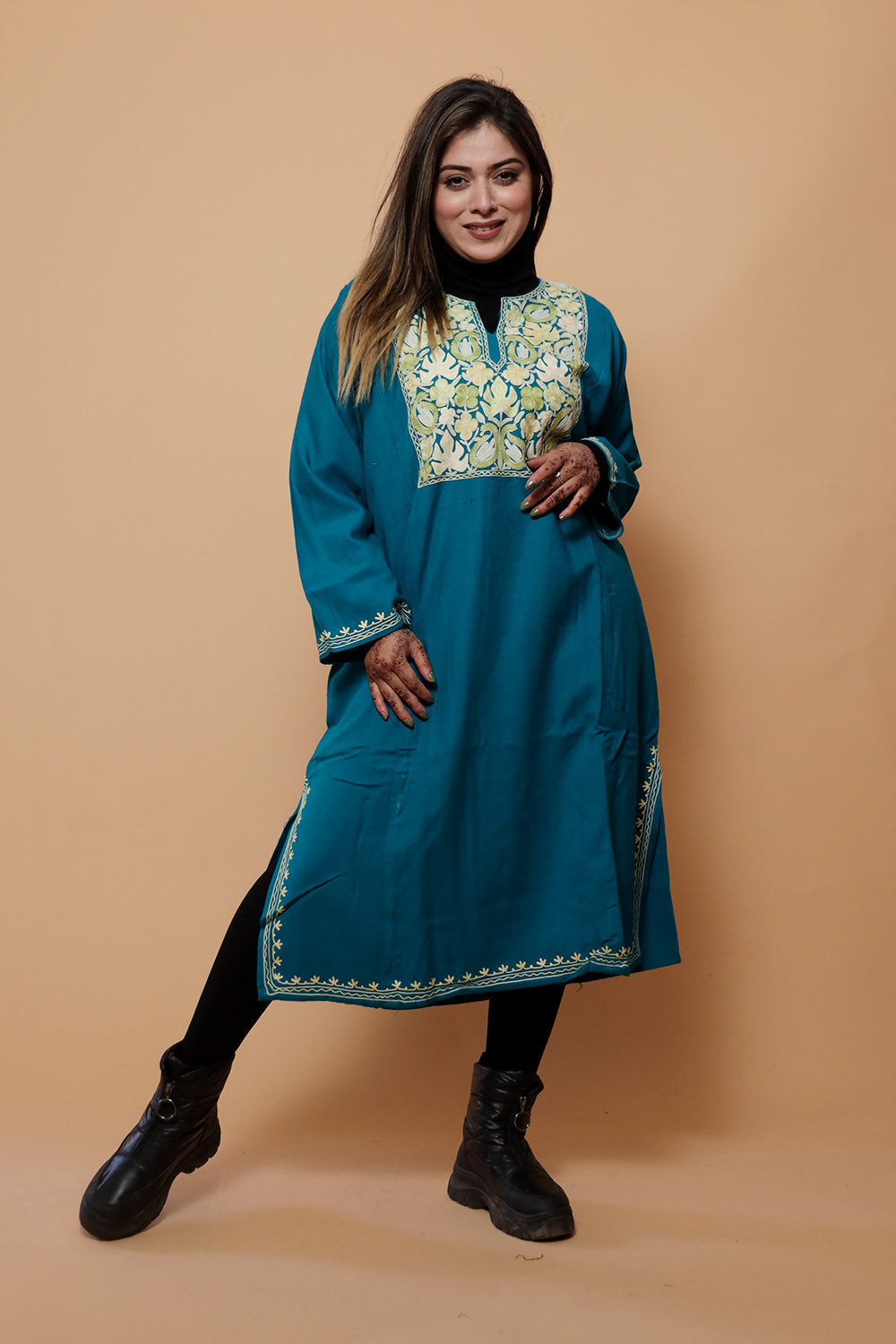 Sea Green Color Aari Work Embroidered Phiran Enriched