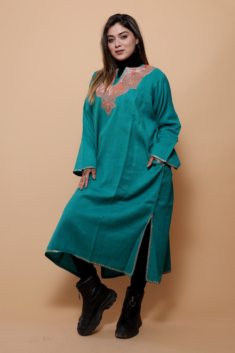 Sea Green Color Kashmiri Work Embroidered Phiran Enriched
