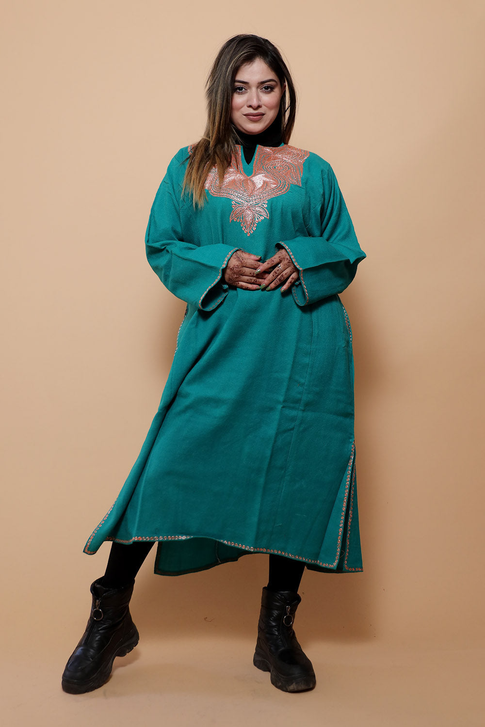 Sea Green Color Kashmiri Work Embroidered Phiran Enriched