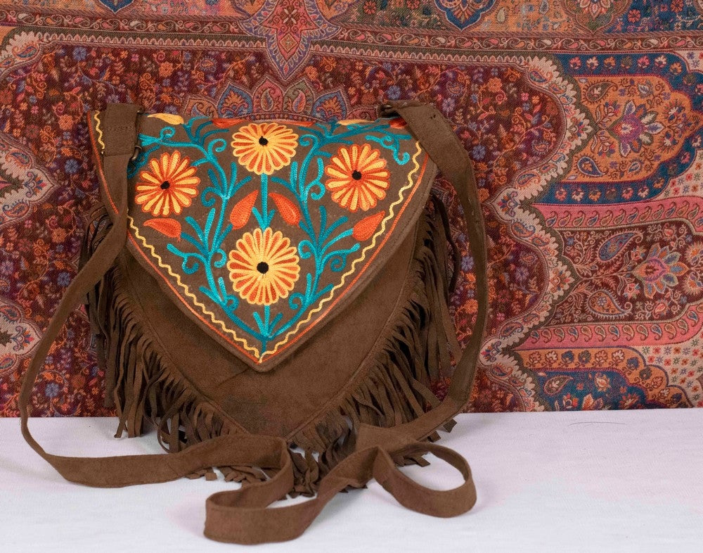 Suede Leather Kashmiri Work Heart Shape Sling Bag