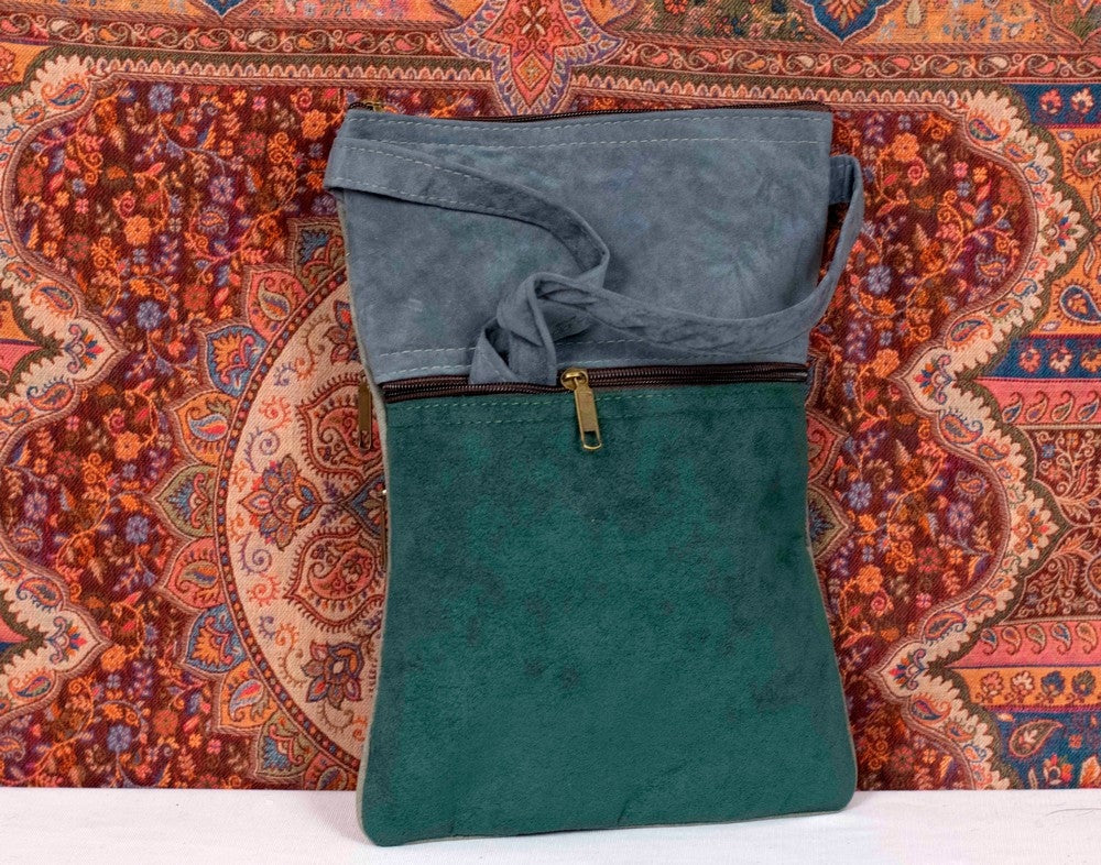 Suede Leather Kashmiri Work Three Zip Sling Bag