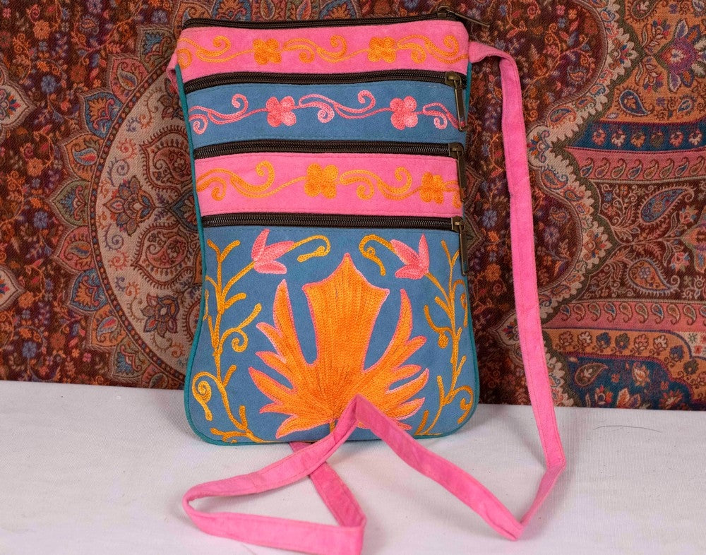 Suede Leather Kashmiri Work Three Zip Sling Bag