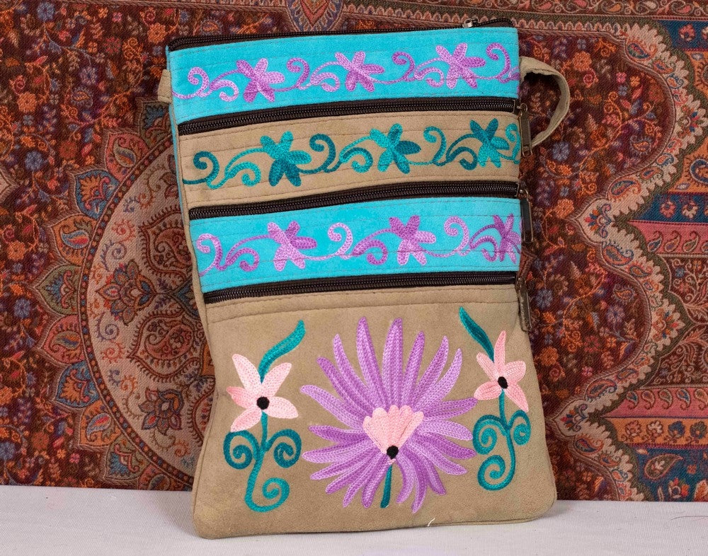 Suede Leather Kashmiri Work Three Zip Sling Bag