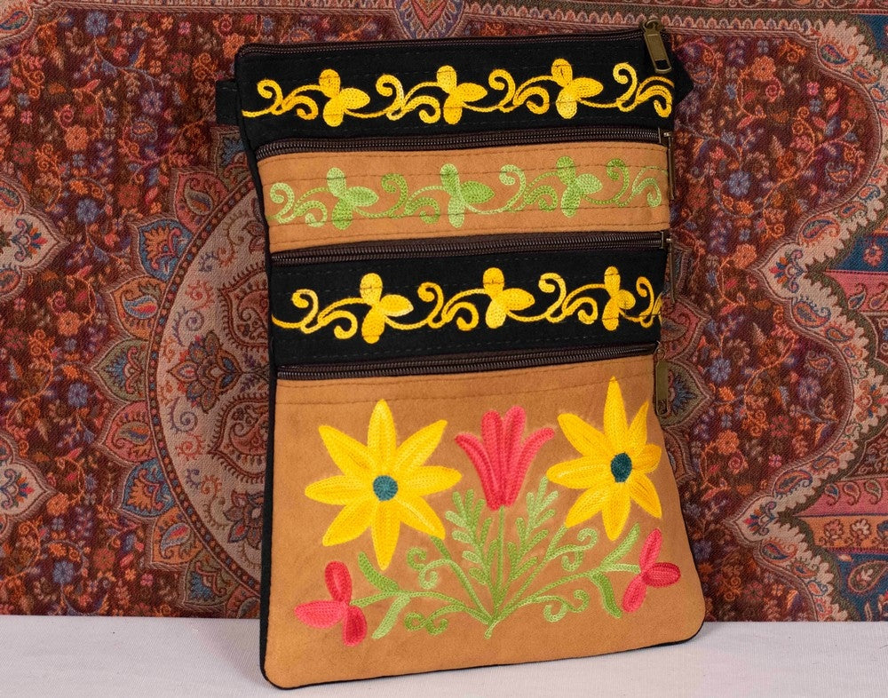 Suede Leather Kashmiri Work Three Zip Sling Bag