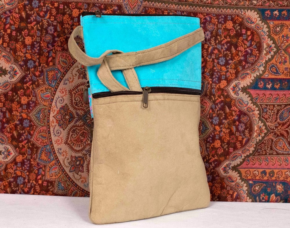 Suede Leather Kashmiri Work Three Zip Sling Bag