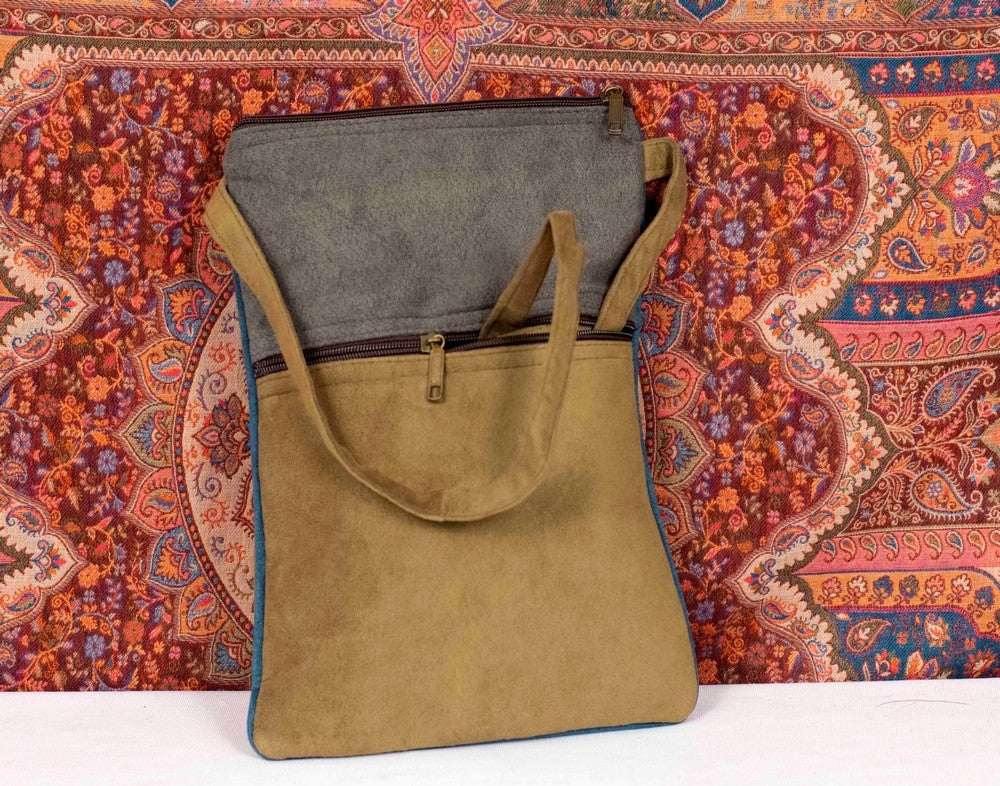 Suede Leather Kashmiri Work Three Zip Sling Bag