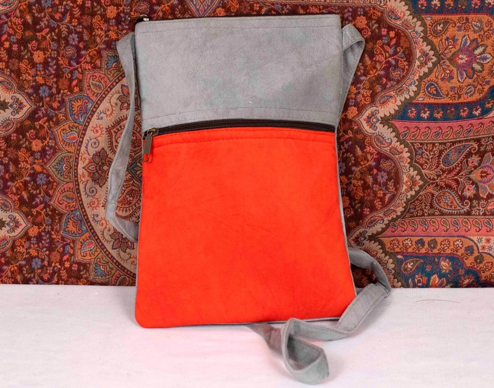 Suede Leather Kashmiri Work Three Zip Sling Bag