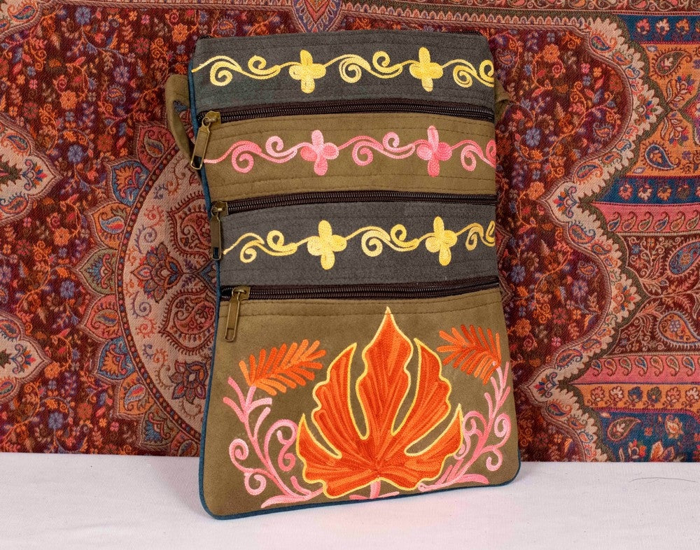 Suede Leather Kashmiri Work Three Zip Sling Bag