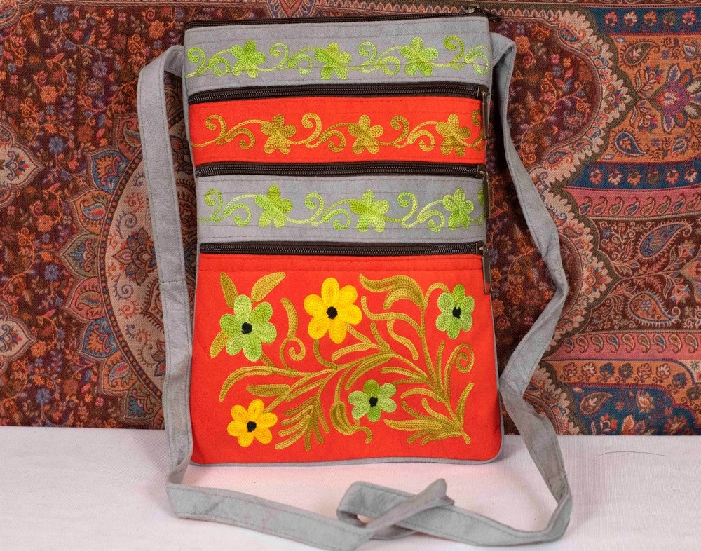 Suede Leather Kashmiri Work Three Zip Sling Bag