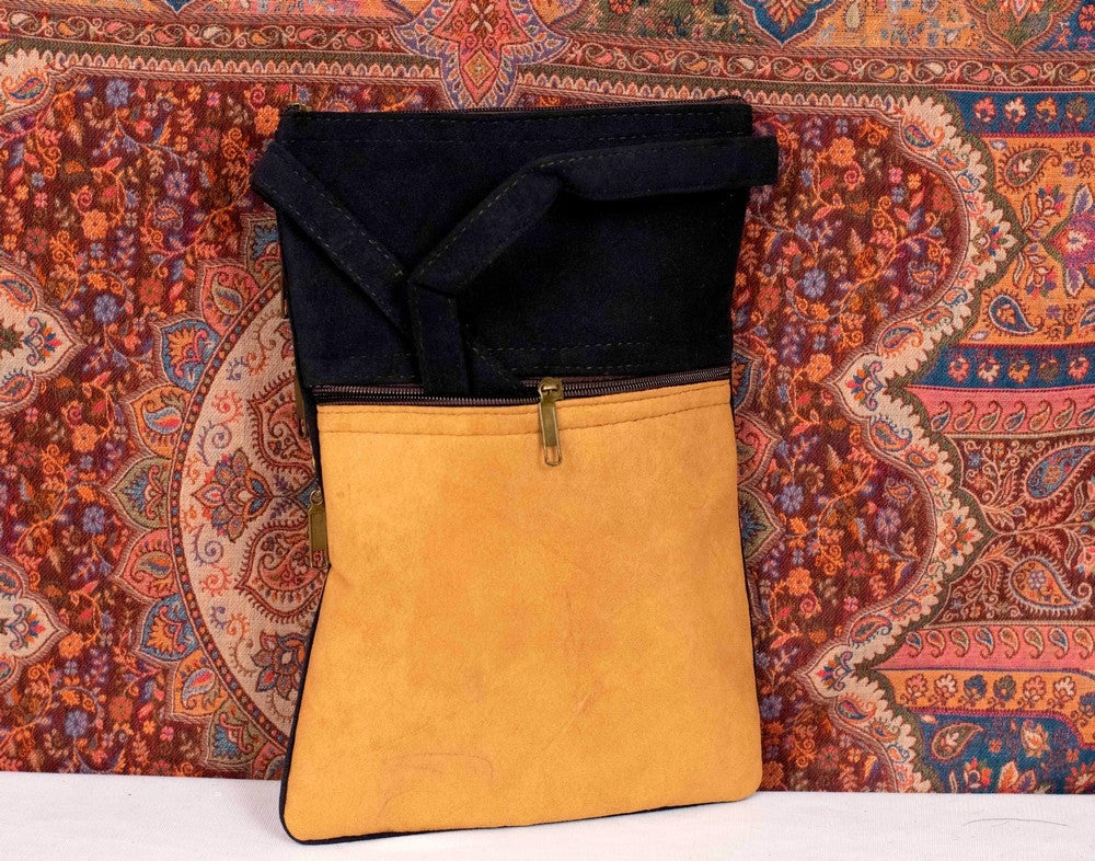 Suede Leather Kashmiri Work Three Zip Sling Bag