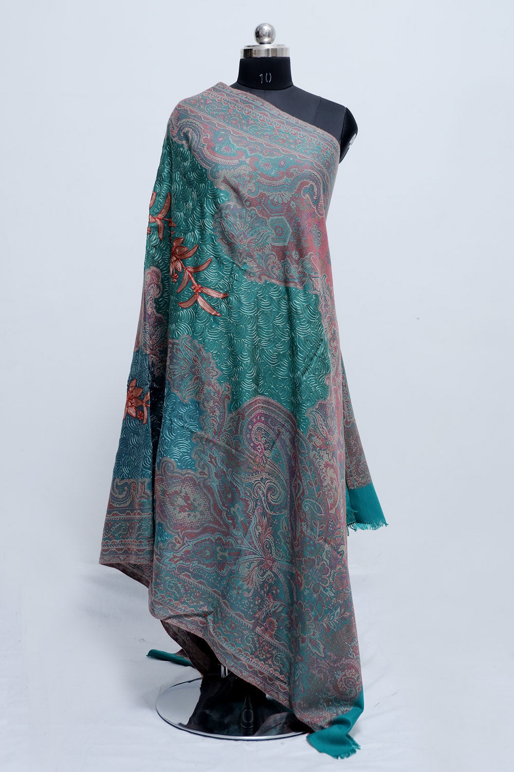 Turquoise Green Colour Jamawar Shawl With Kashmiri Aari Work
