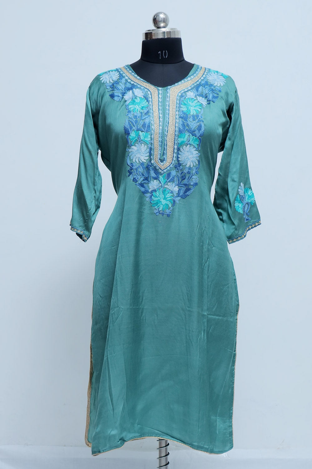 Turquoise Green Colour Kashmiri Crepe Kurti With Beautiful