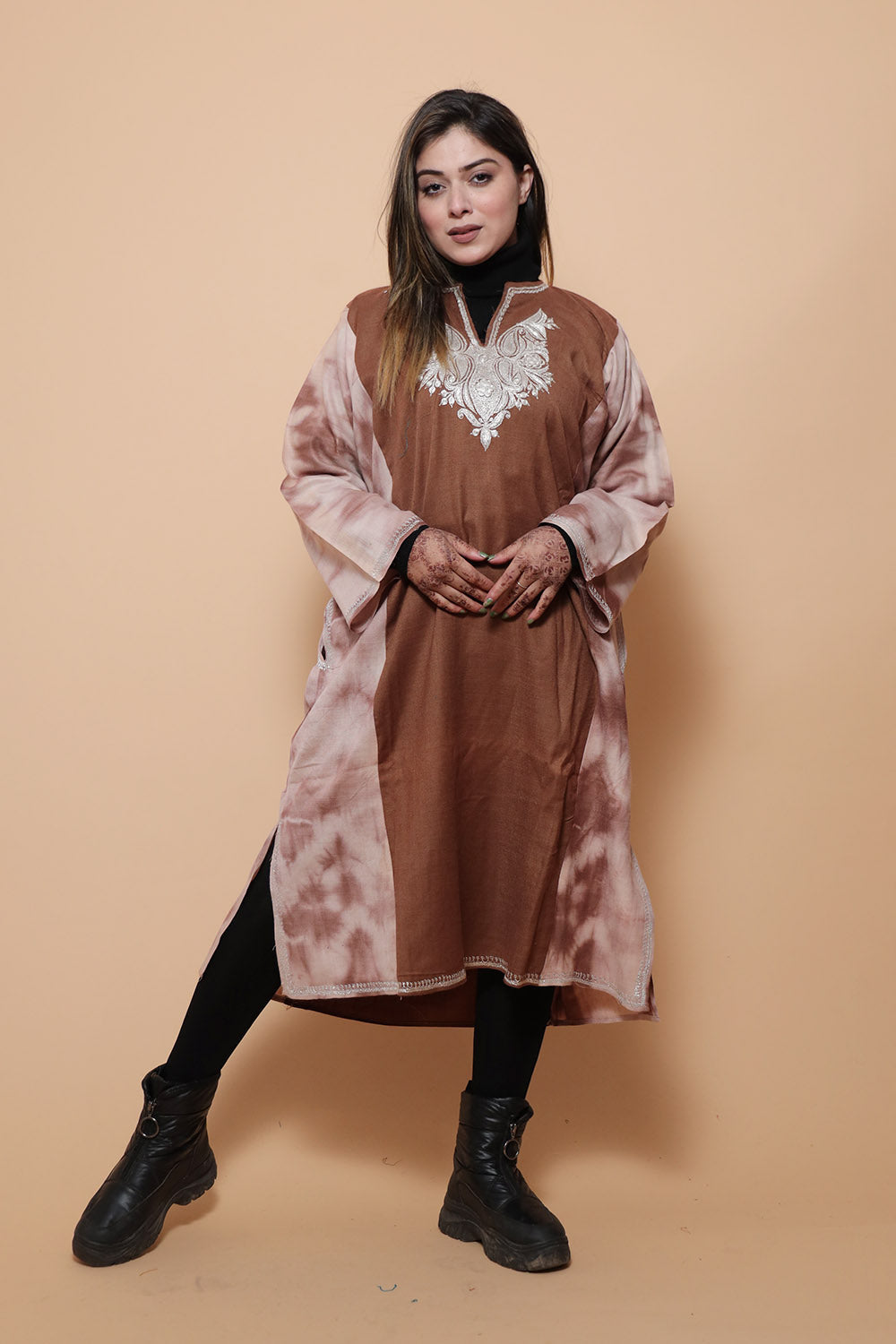 Tye Dye Brown Color Kashmiri Work Embroidered Phiran
