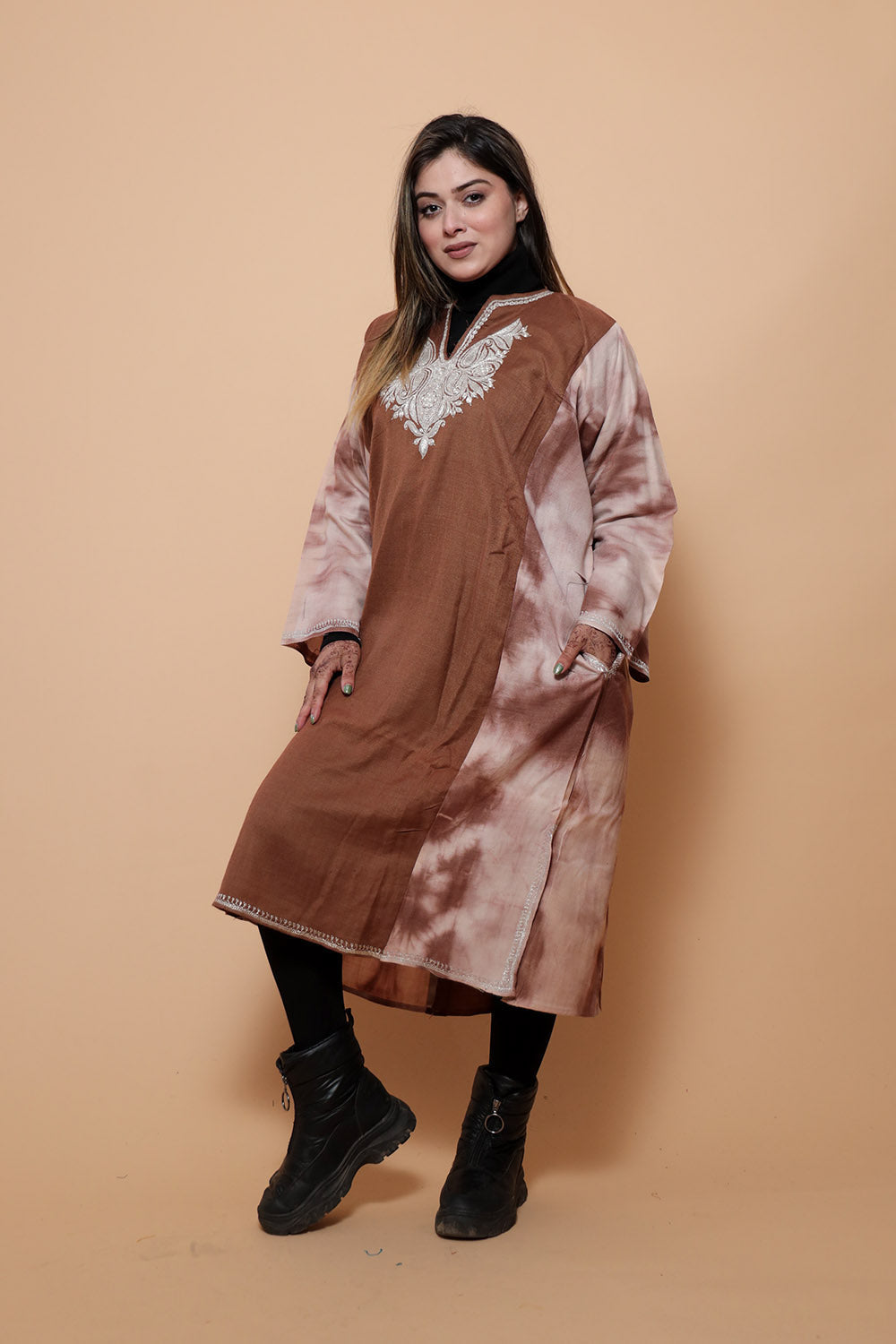 Tye Dye Brown Color Kashmiri Work Embroidered Phiran