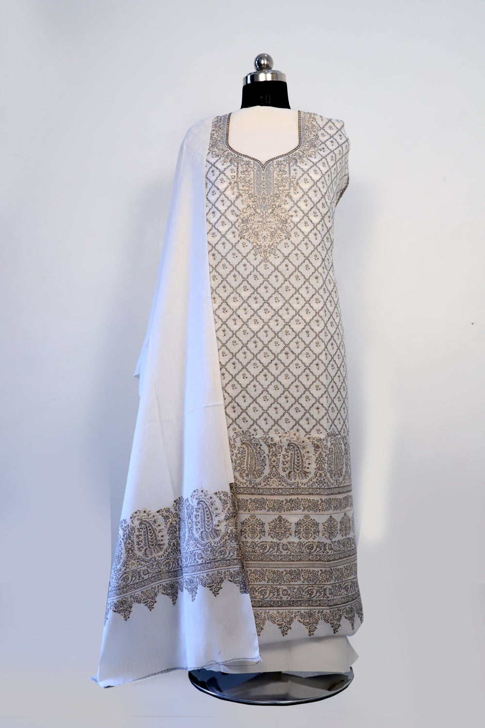 White Color Woolen Kashmiri Kani Work Unstitched Suit Fabric
