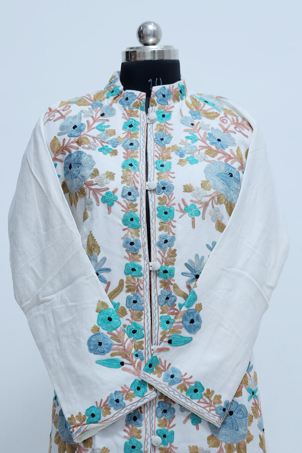 White Colour Aari Work Embroidered Jacket Designer Floral
