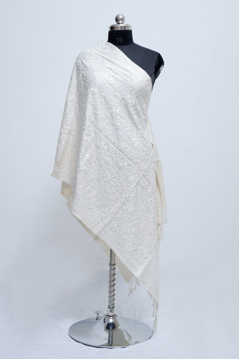 White Colour Aari Work Embroidered Stole Embellished
