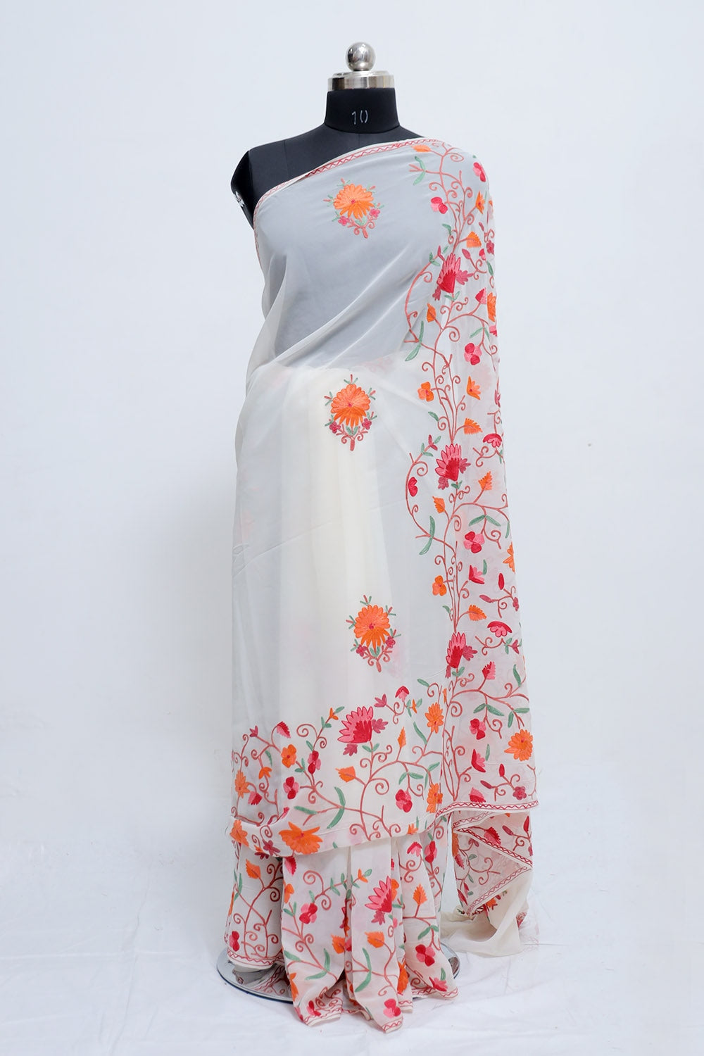 White Colour Georgette Saree With Beautiful Multicolour