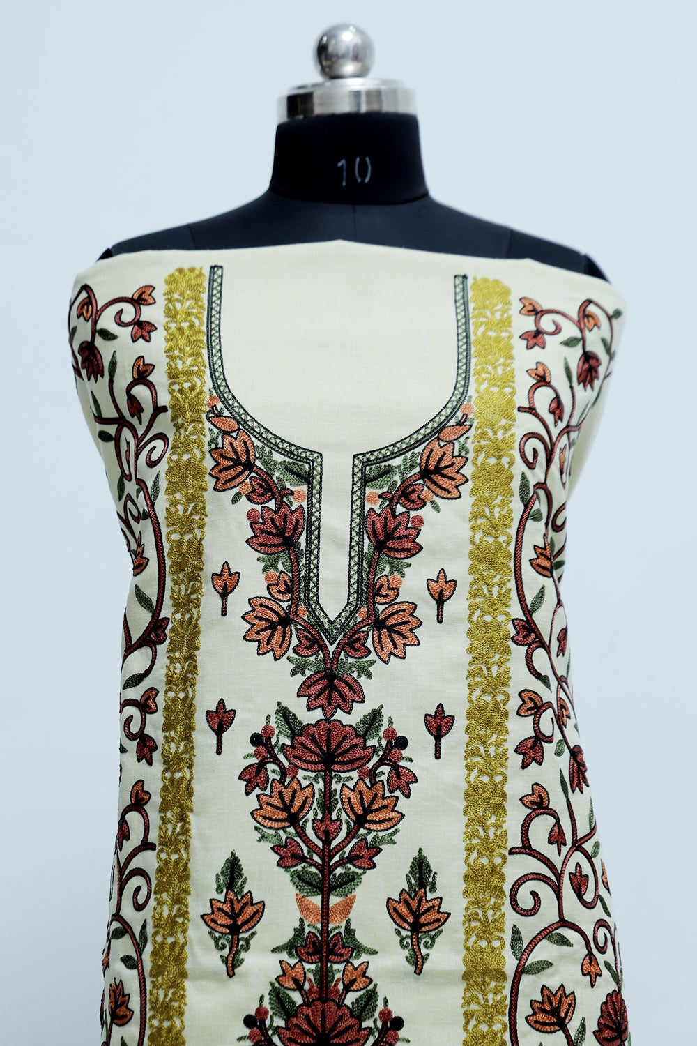 Off White Colour Kashmiri Designer Vertical Aari Work
