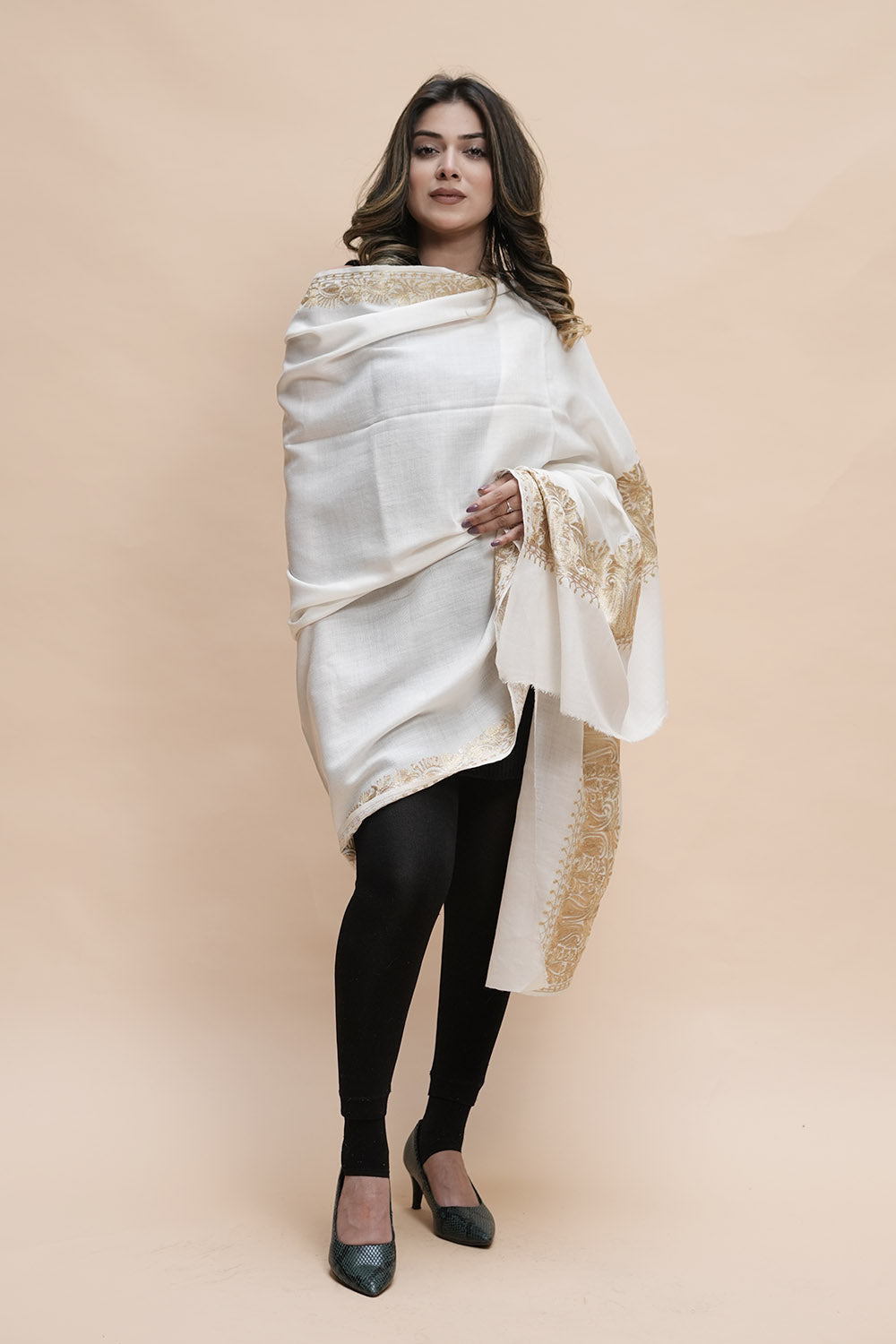 White Colour Semi Pashmina Shawl Enriched With Ethnic Heavy