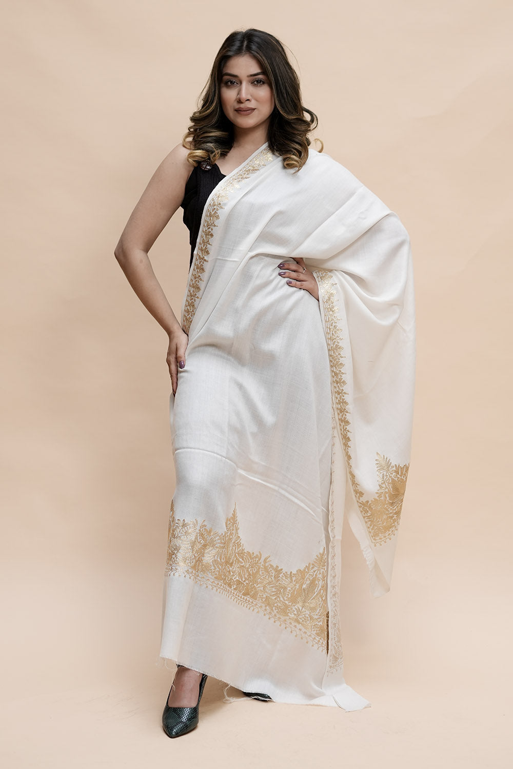 White Colour Semi Pashmina Shawl Enriched With Ethnic Heavy