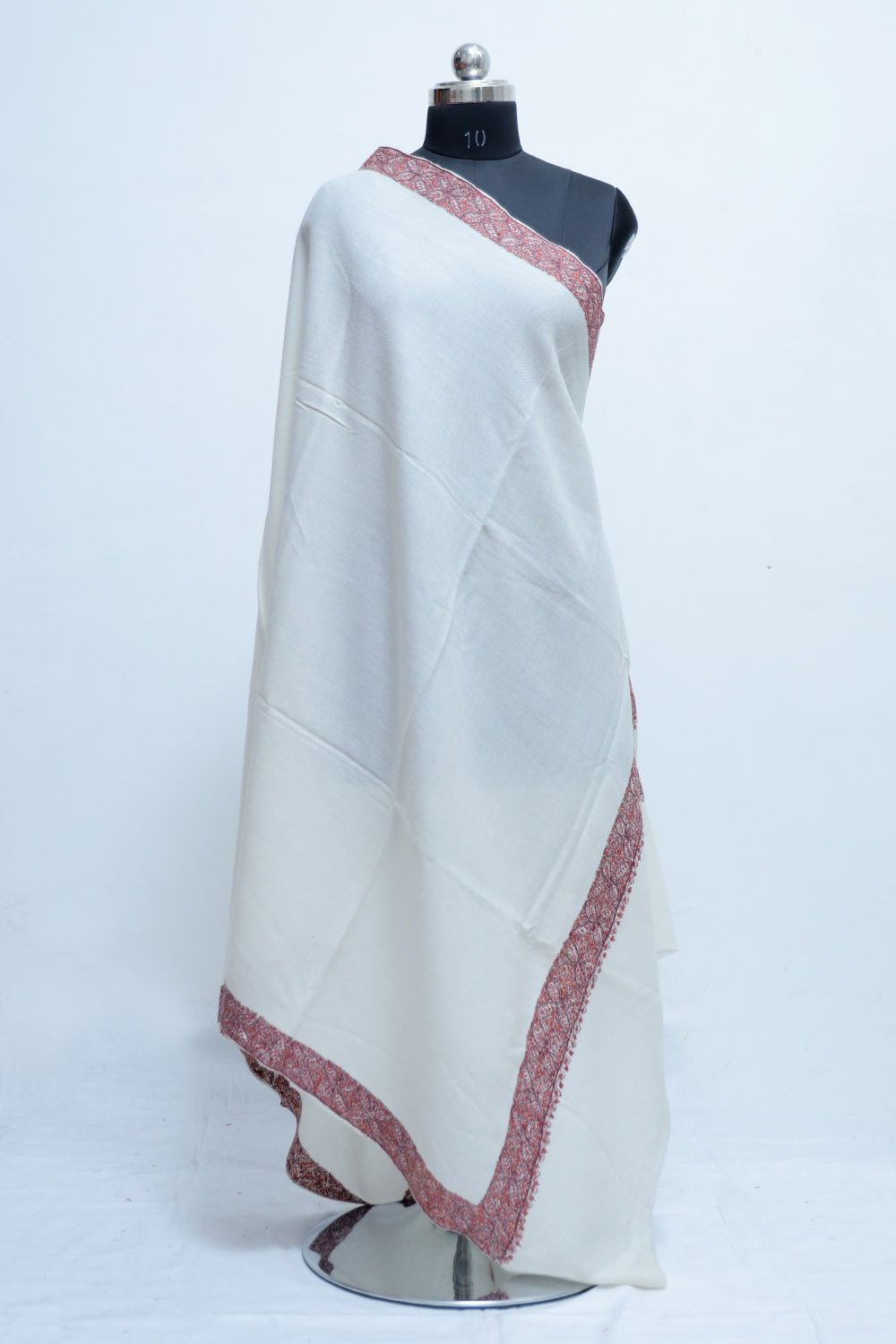 White Colour Semi Pashmina Sozni Shawl With Beautiful