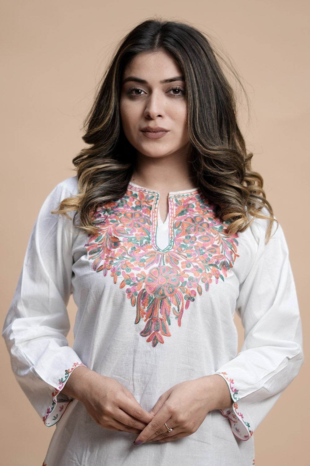 White Cotton Aari Work Kurti With Multicoloured Designer