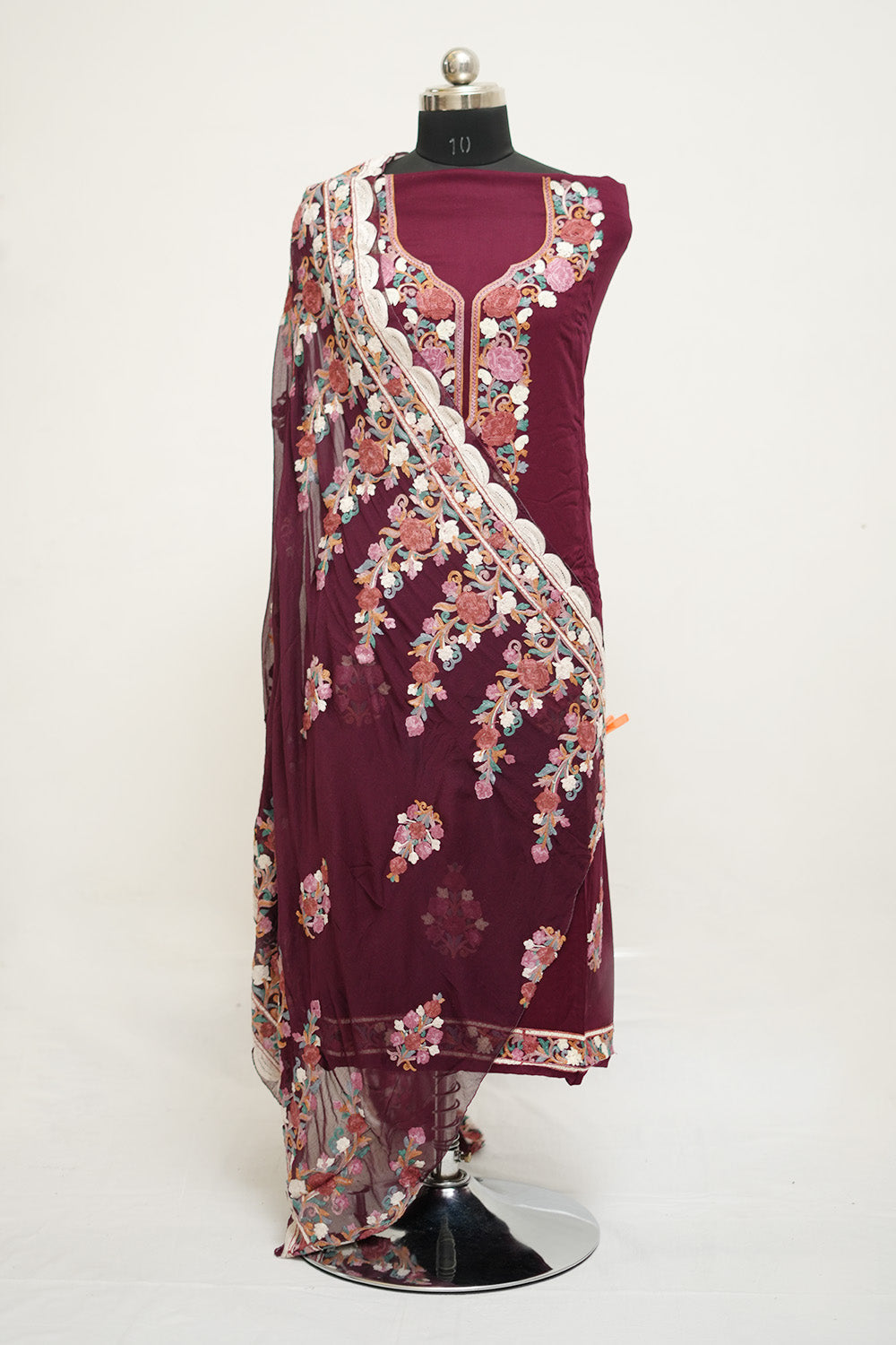 Wine Colour Aari Work Salwar Kameez With Neckline Pattern