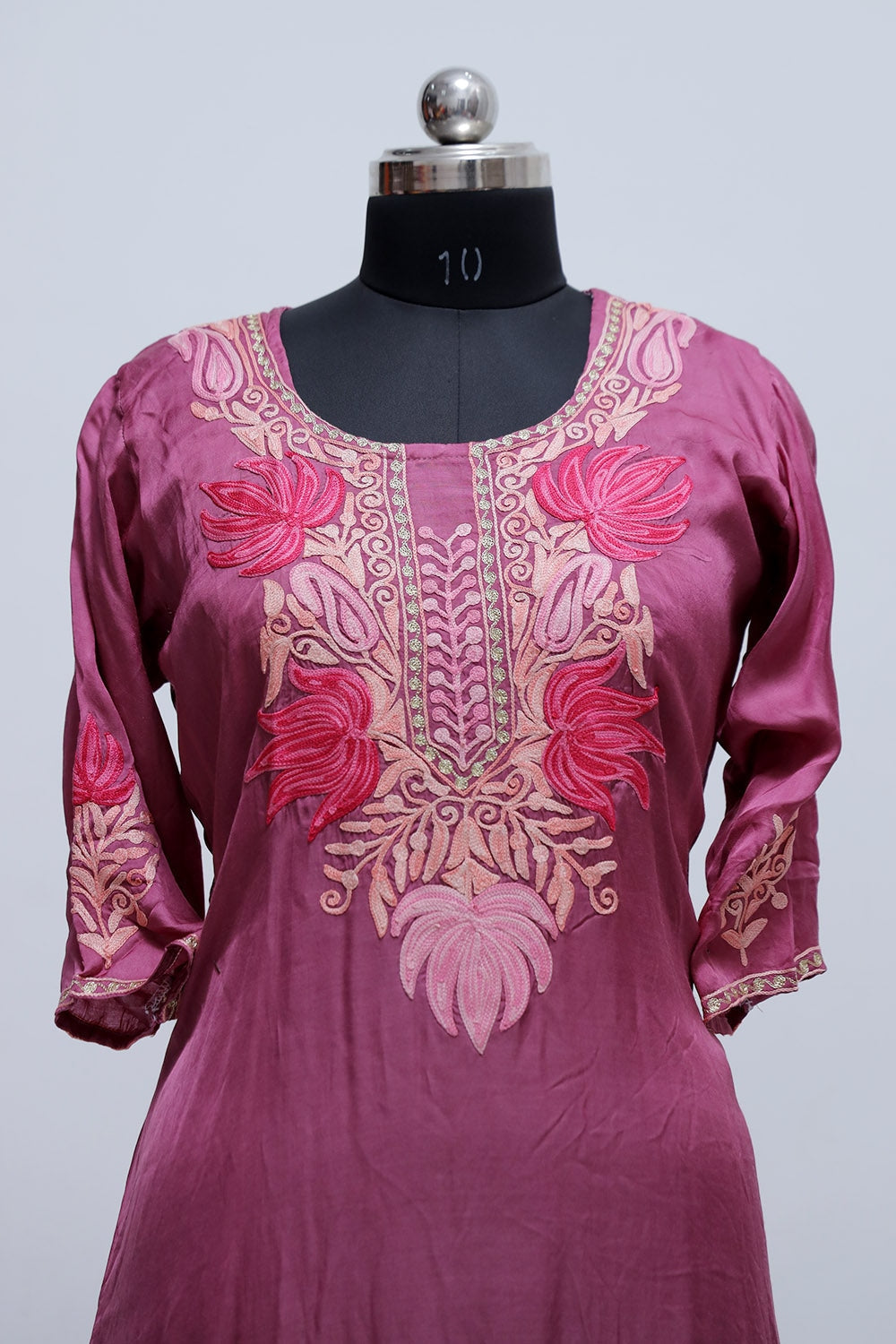 Wine Colour Kashmiri Crepe Kurti With Beautiful Aari