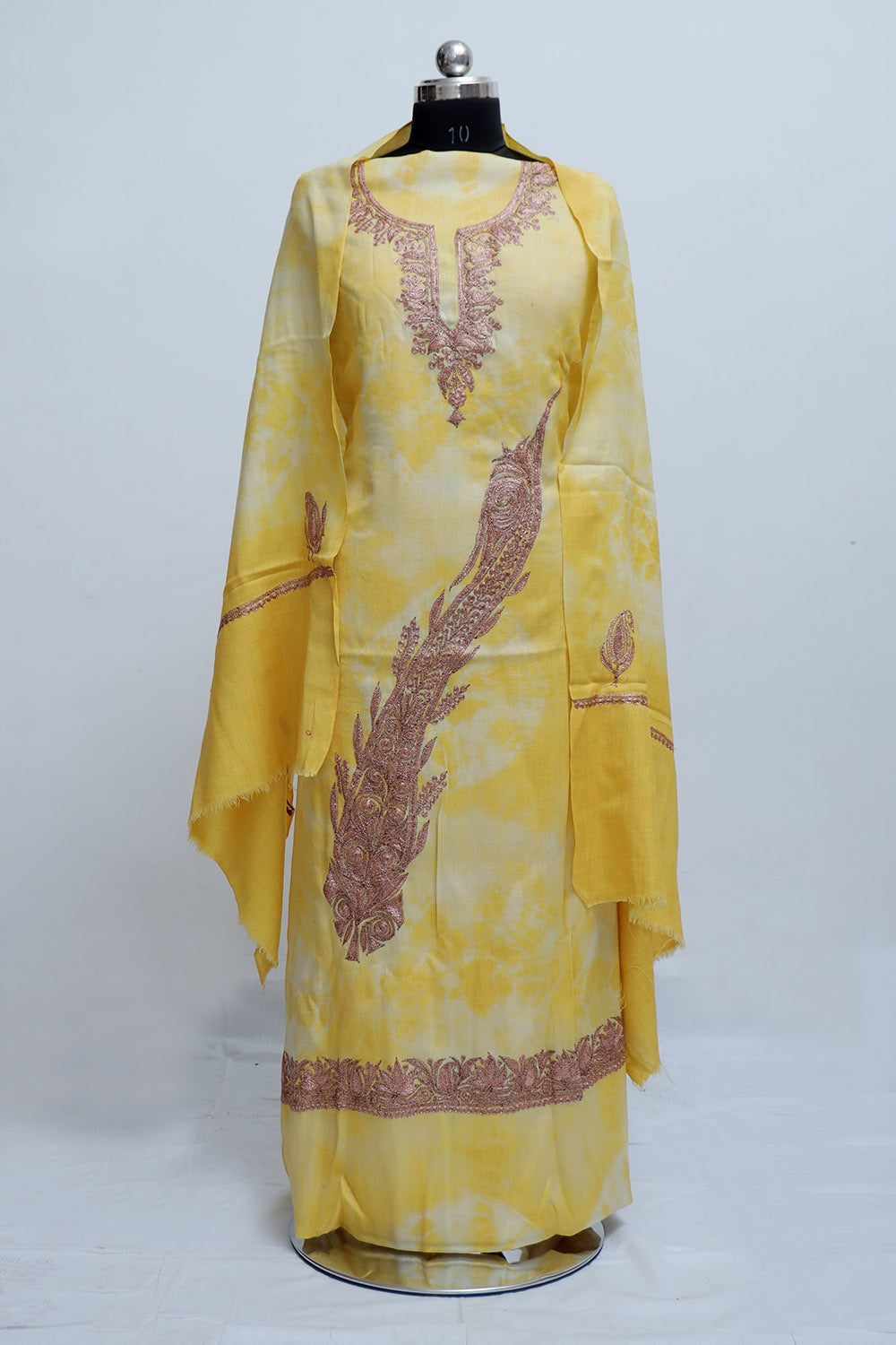 Yellow Color Tye And Dye Semi Pashmina Suit Having Tilla