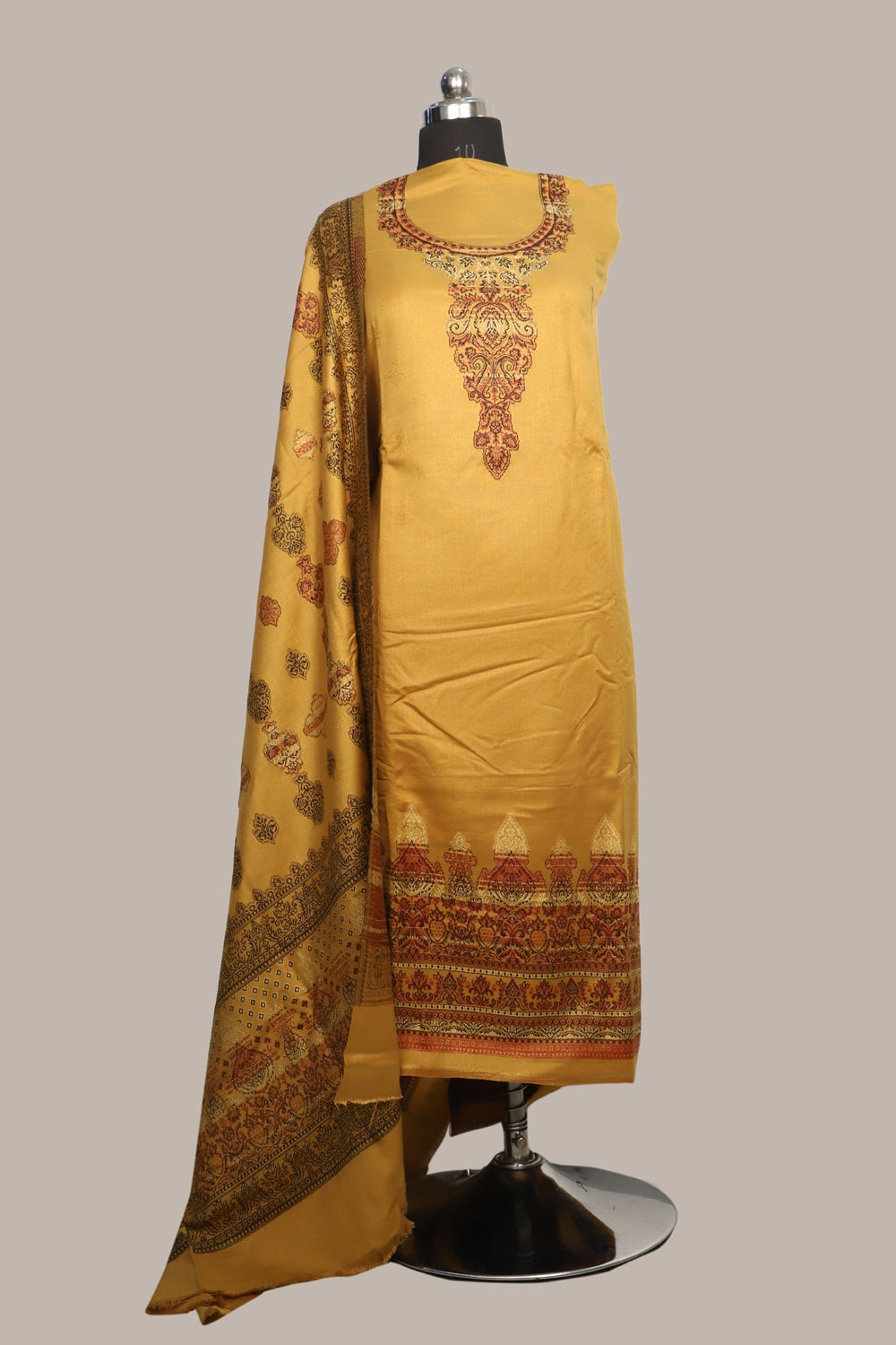 Yellow Color Woolen Kashmiri Kani Work Unstitched Suit