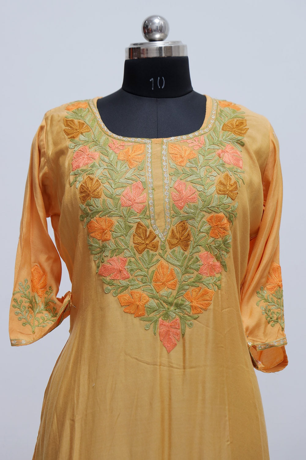 Yellow Colour Kashmiri Crepe Kurti With Beautiful Aari