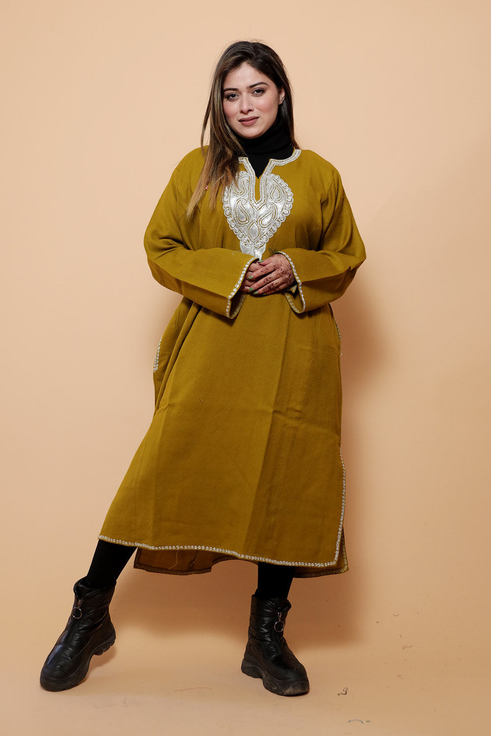 Yellow Mustard Color Kashmiri Work Embroidered Phiran