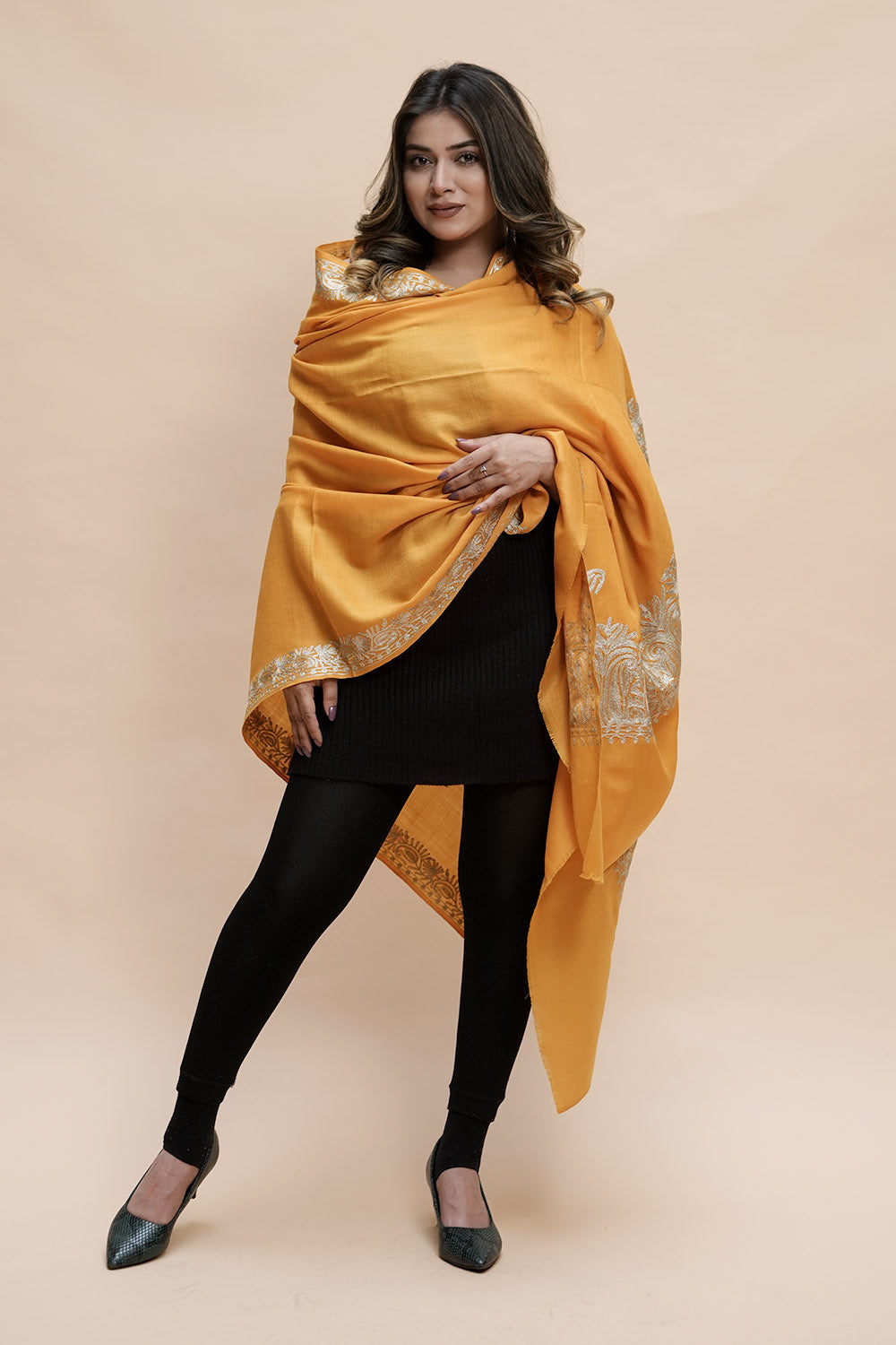 Yellow Mustard Colour Semi Pashmina Shawl Enriched